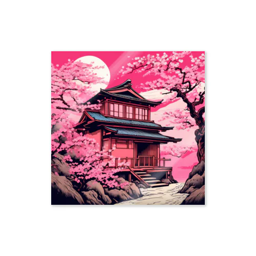日本の風景　古民家と満開の桜 ステッカー