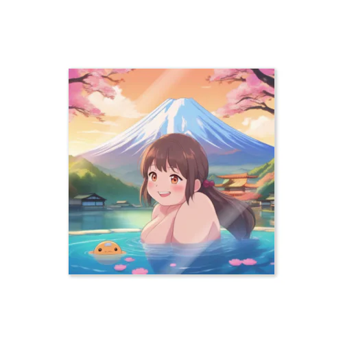 富士山絶景にある露天風呂のかわいい女の子 ステッカー
