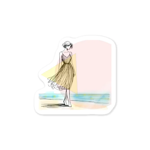 海岸を歩く女性 Sticker