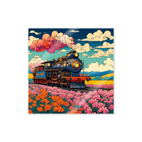 日本の風景:花畑の中をはしるSL 蒸気機関車、Japanese senery: SL steam locomotive running through a flower field Sticker