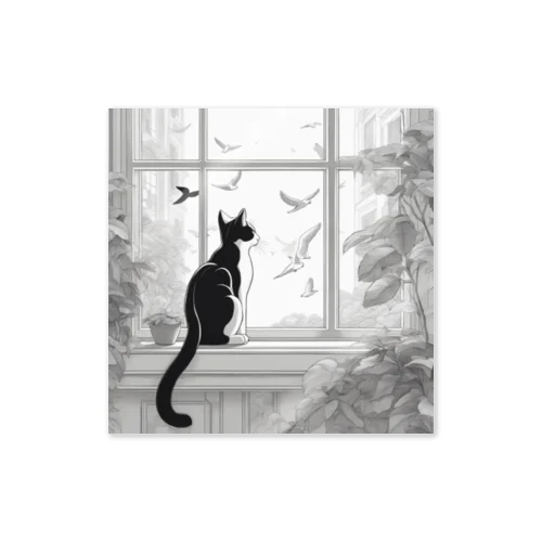 窓辺で鳥を見つめている猫 ステッカー