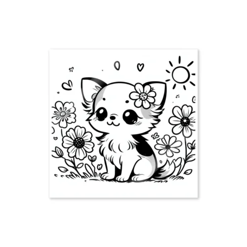 **お花の子犬のチワワ**モノクロ Sticker