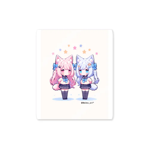 【Anime_girl*】Pixel art cat2girls pink×blue ステッカー