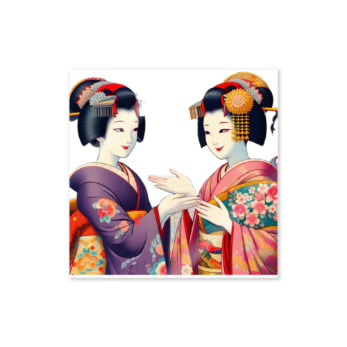 日本の風景:お姐さん芸妓と話す舞妓、Japanese scenery: Maiko talking to older sister geisha ステッカー