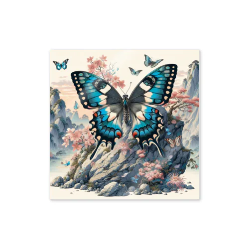 岩場の上で華やかに舞う蝶と咲き誇る花々 Sticker