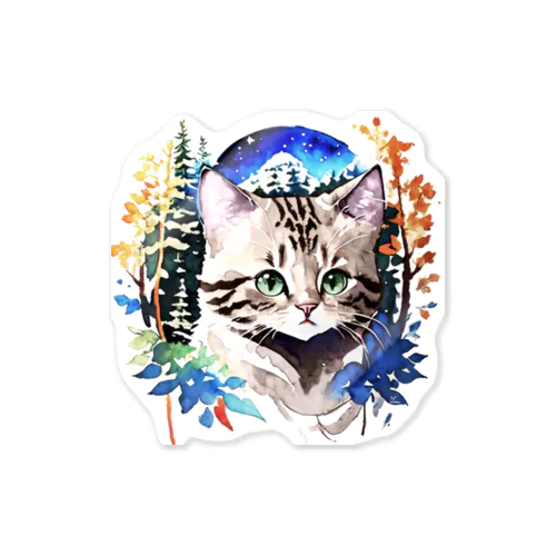 水彩_猫と森001 Sticker