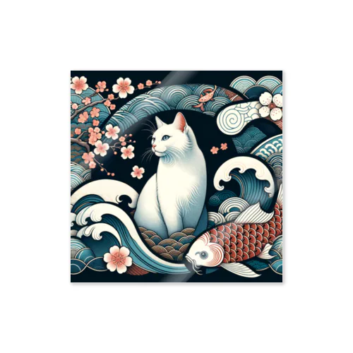 和紋様 x 猫　鯉と桜と波 Sticker