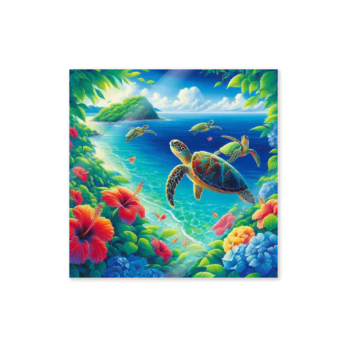 日本の風景:沖縄渡嘉志久ビーチの泳ぐ海がめ、Japanese scenery: Sea turtles swimming at Tokashiki Beach,Okinawa Sticker