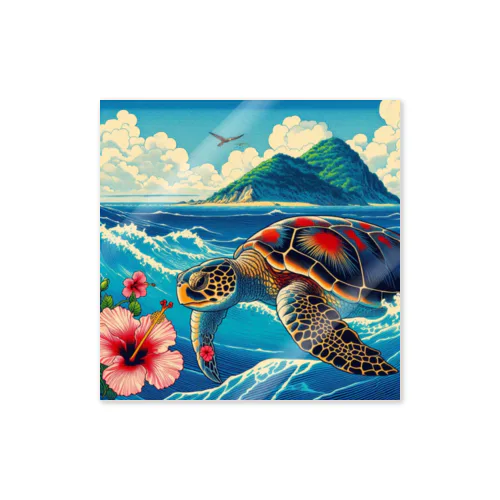 日本の風景:荒波にもまれる海がめ、Japanese scenery: Sea turtle caught in rough waves Sticker