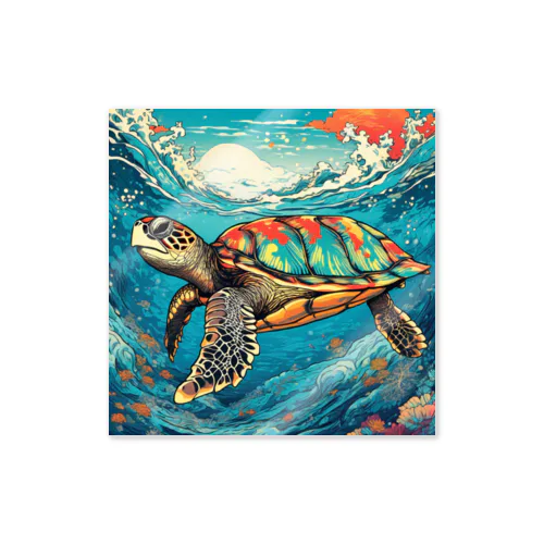 日本の風景:荒波にもまれる海がめ、Japanese scenery: Sea turtle caught in rough waves Sticker