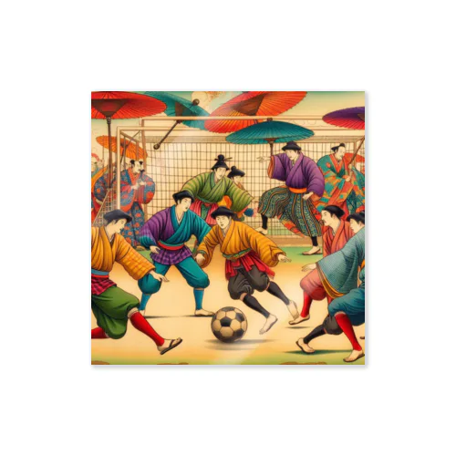 日本の昔と今が混在した光景:サッカーに夢中な江戸時代の人たち、A scene that mixes Japan's past and present: Edo period people obsessed with soccer Sticker