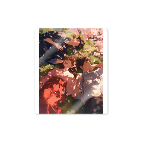桜の花の木の下で昼寝　なでしこ1478 ステッカー