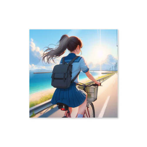 海岸沿いの風、自転車を漕ぐ女の子 Sticker