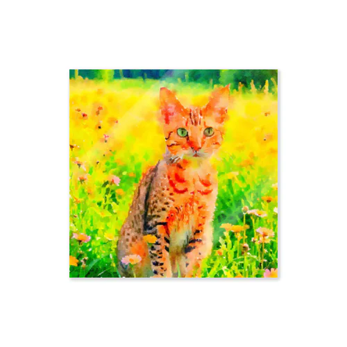 猫の水彩画/花畑のオシキャットねこのイラスト/キジトラネコ ステッカー