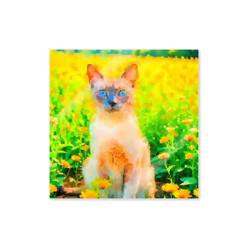 猫の水彩画/花畑のトンキニーズねこのイラスト/ポイントネコ Sticker