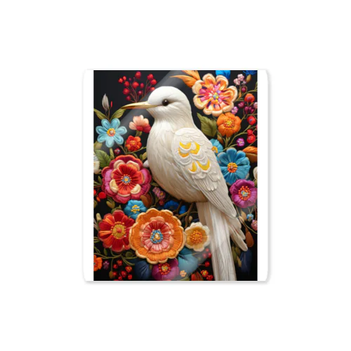 白い鳥さんとお花の刺繍 ステッカー