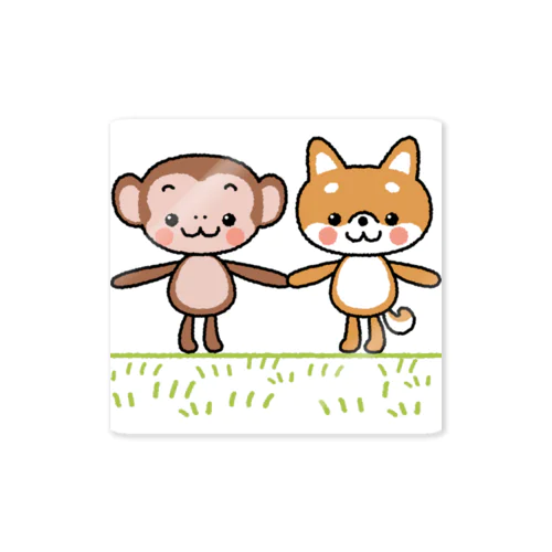 笑い転げているサルと子犬の柴犬 Sticker