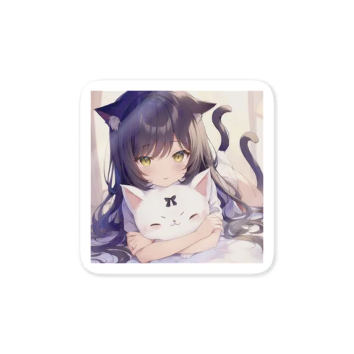 かわいい猫に抱きつくネコ耳女子 Sticker