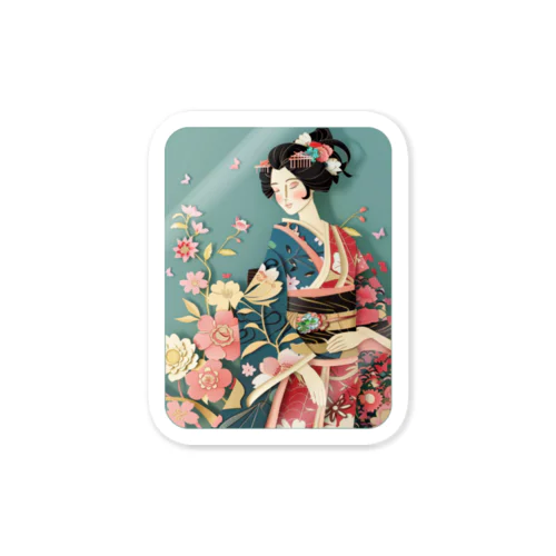 着物女性の切り絵アート　―　Kimono woman paper-cutting art　ー Sticker