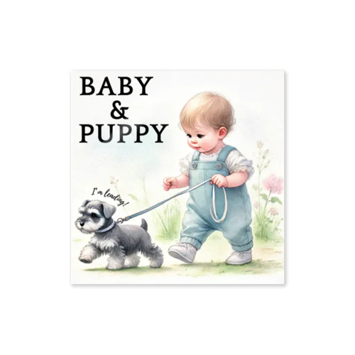 Schnauzer leading a baby!! Sticker