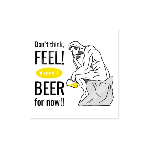 彫刻 × BEER（考える人：考えるな、感じろ! とりあえずビール!!）黒線画-ホワイト ステッカー