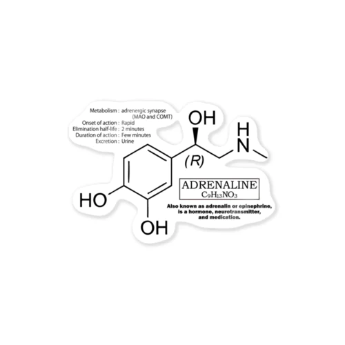 アドレナリン(ノルアドレナリン・ドーパミンの仲間：化学：神経伝達物質)：化学構造・分子式シリーズ ステッカー