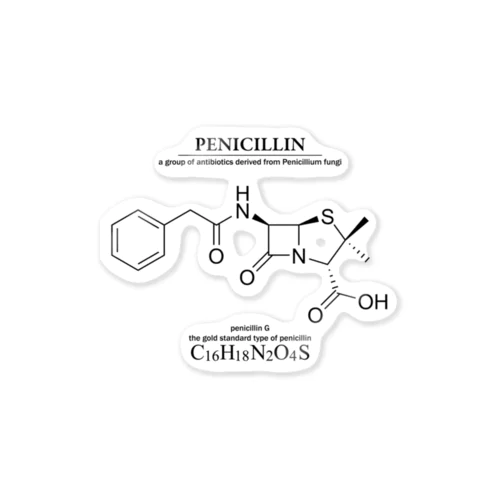 ペニシリン(青カビに含まれる抗生物質・感染症に対応）：化学：化学構造・分子式 ステッカー