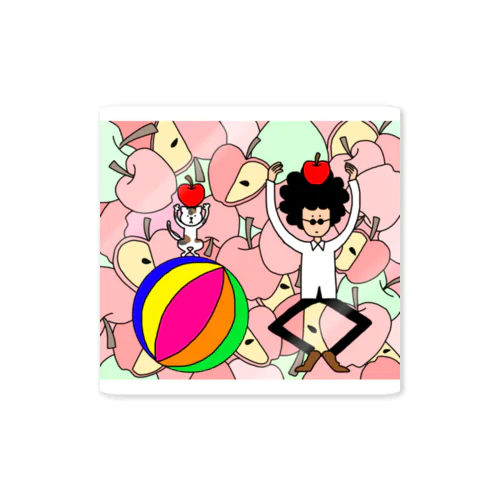 くるくるパーマとネコとリンゴ（カラー） Sticker