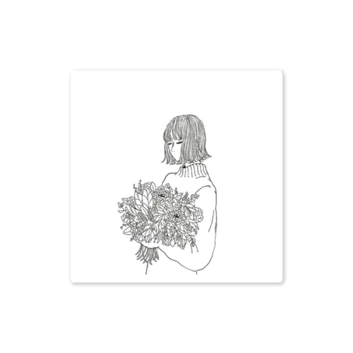 花束を持つ女の子　【線画】 Sticker