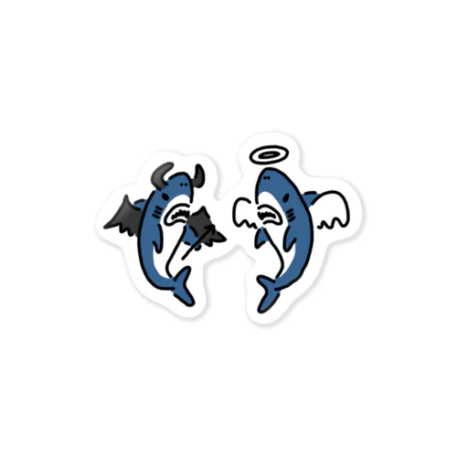 天使と悪魔に扮するサメ ステッカー