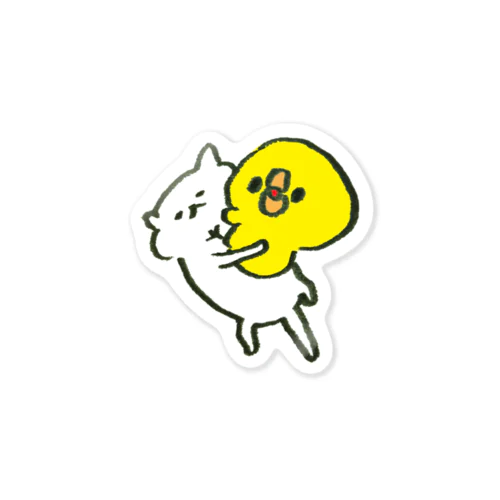 猫の上にのってはしゃぐひよこ Sticker