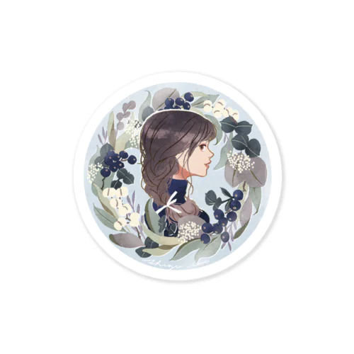 ブルーフラワーリースと女の子 Sticker