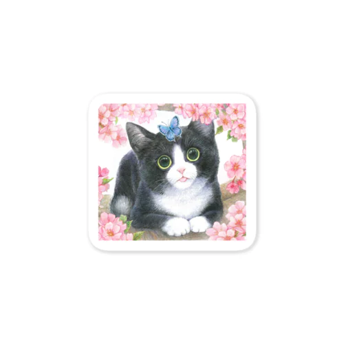 花見猫♪ハチワレ猫と蝶 Sticker