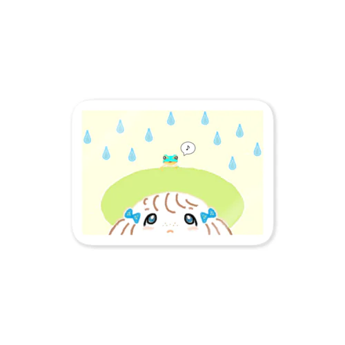 雨の日のお散歩（緑帽）　Walk on a Rainy Day (Green Hat) ステッカー