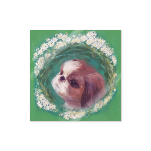 かわいいシーズー 犬と雪柳のフラワーリース Sticker