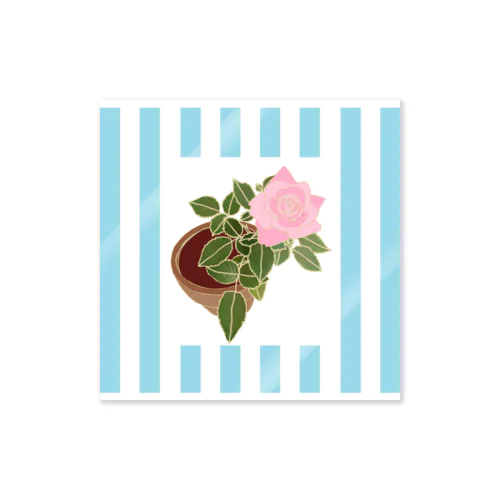 ミニバラ（ピンク）ストライプ柄　Miniature Pink Rose in Blue Stripes Sticker