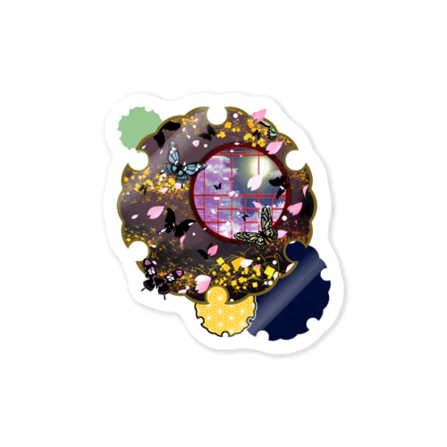 雪輪に夜桜蝶 Sticker