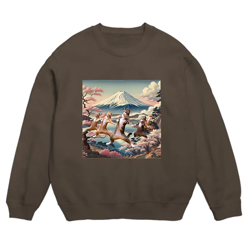 富士山とダンス猫 Crew Neck Sweatshirt