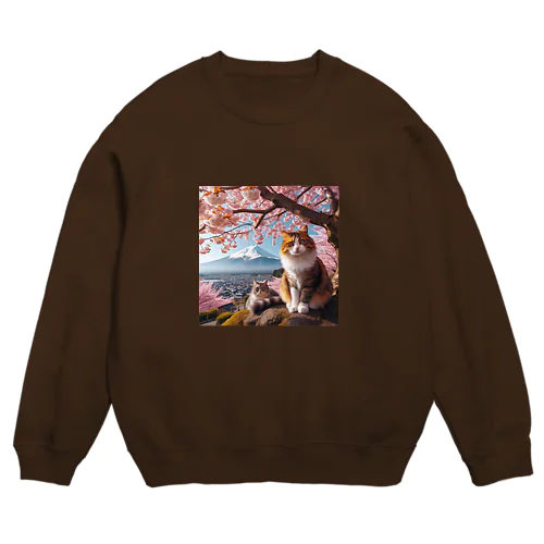 富士山と猫 Crew Neck Sweatshirt