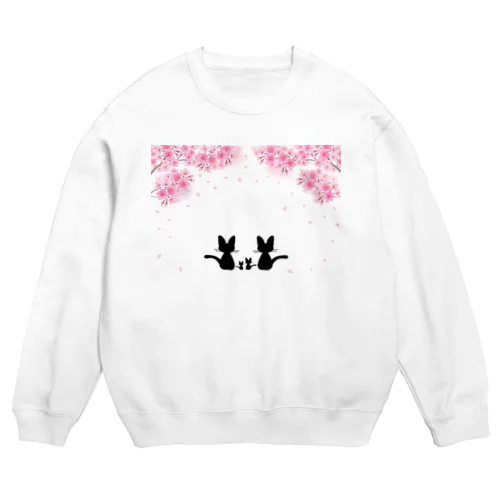 桜と黒ねこ親子 Crew Neck Sweatshirt