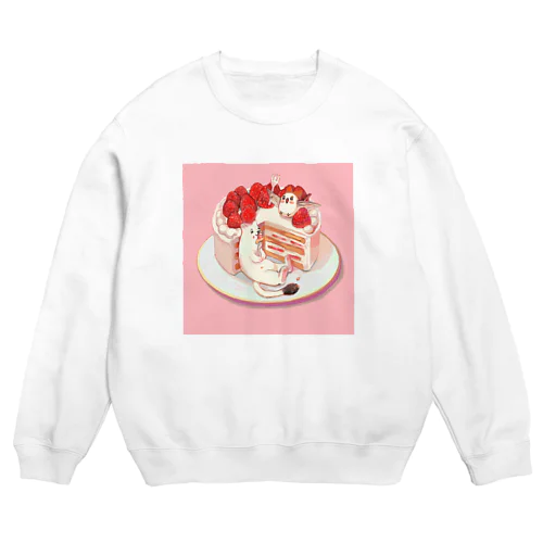 オコジョとエナガ　いちごケーキもぐもぐ Crew Neck Sweatshirt