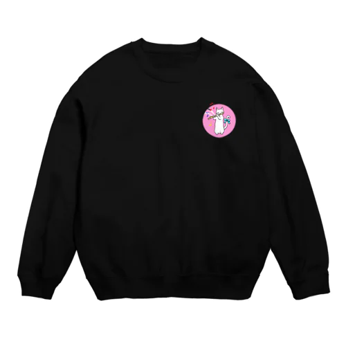 フルートを吹く白猫 Crew Neck Sweatshirt