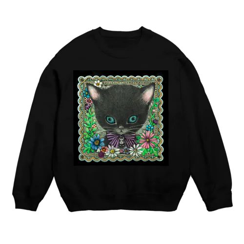 黒猫フラワー Crew Neck Sweatshirt