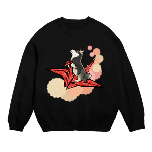 折り鶴　黒柴　赤 Crew Neck Sweatshirt