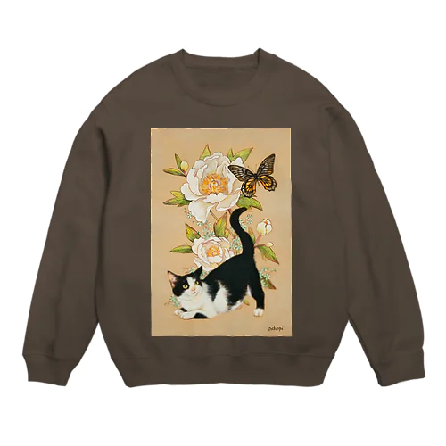 白い牡丹とハチワレ猫 Crew Neck Sweatshirt