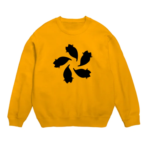 動物家紋。H.T.（変わり散り桜５ネコ）黒 Crew Neck Sweatshirt