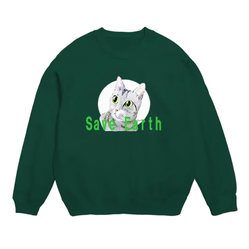 ねこさん to 白い月 save the earth Crew Neck Sweatshirt