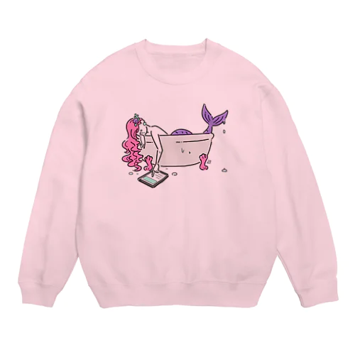 浴室でタブレットを使う人魚【ピンク】 Crew Neck Sweatshirt