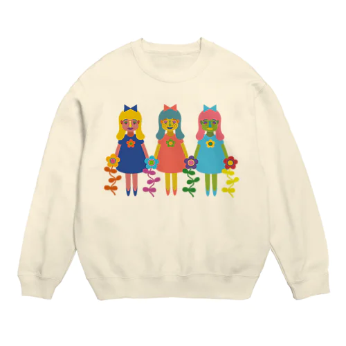 ロングヘアー三人組と花 Crew Neck Sweatshirt