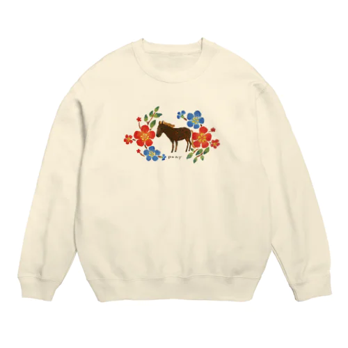 馬と鮮やかな花 Crew Neck Sweatshirt